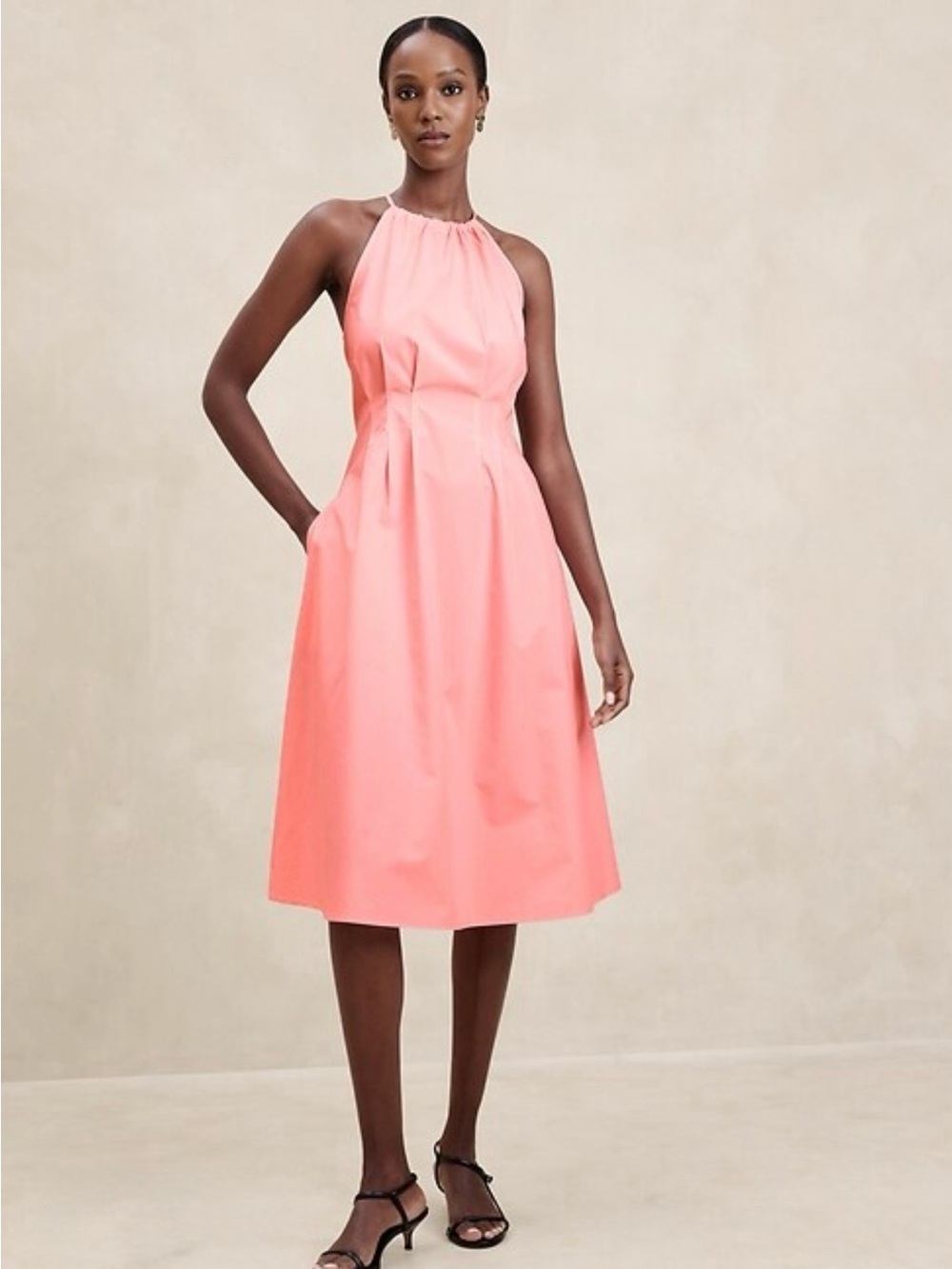 BANANA REPUBLIC FACTORY POPLIN HALTER Neck Coral Midi Dress size 4 cotton
